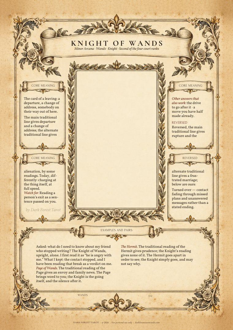 A page from the Reference Book: the Knight of Wands, with meaning, reversed meaning and examples