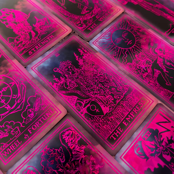 the Rider Waite Purple Neon Foil Tarot Deck Pink Set