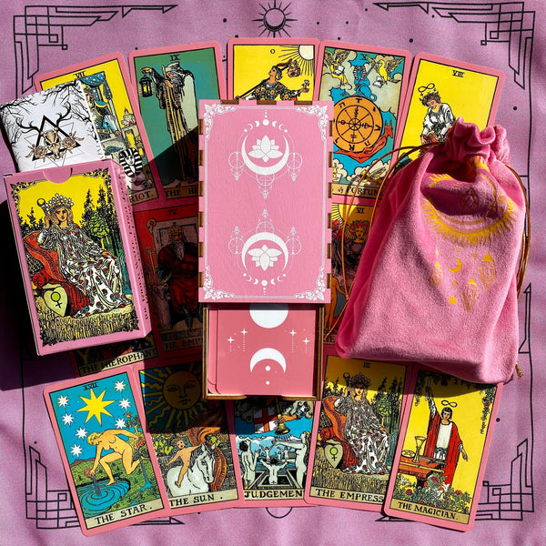Tarot Deck Pink,Plastic Tarot Cards 78 Gift Set with Guidebook,Box,Cloth&Bag Classic Beginner Future Telling Divination,Oracle deck